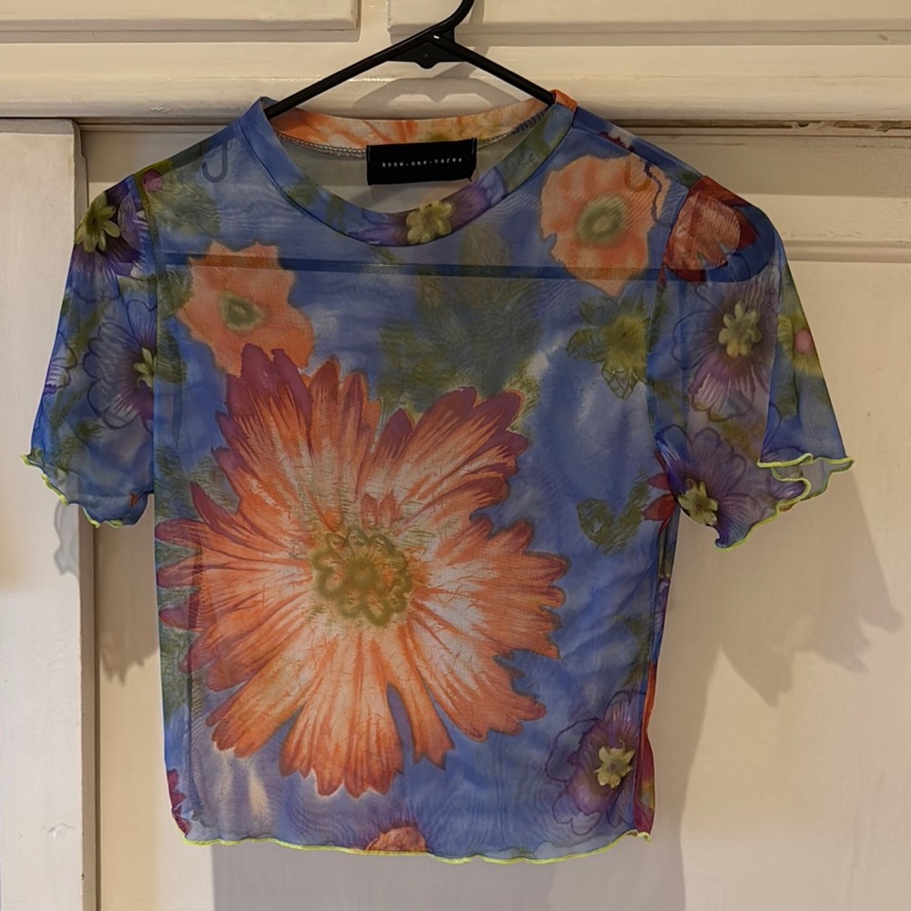 Sheer Floral Top - Blue and Orange